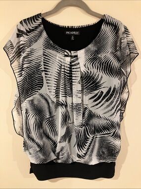 Black and White Sheer Abstract Overlay Blouse with Built in Tank